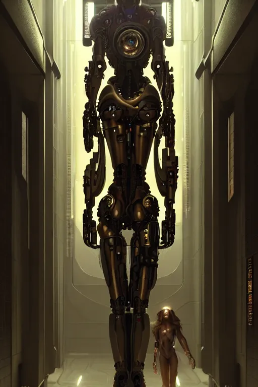 Image similar to ultra realistic, beautiful female cyborg in a utopian hallway in a space megalopolis, sci - fi, intricate details, eerie, highly detailed, octane render, 8 k, art by artgerm and alphonse mucha and greg rutkowski