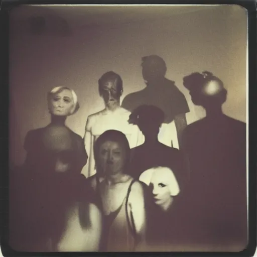 Image similar to a dark room filled with shadow people looking at the camera, horror, nightmare, terrifying, surreal, nightmare fuel, old polaroid, blurry, expired film, lost footage, found footage,