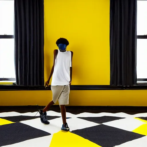 Image similar to black teenage boy with a long nose wearing a white tank top, walking in a nostalgic room with yellow walls and brown carpet