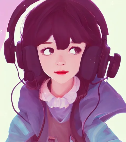 Image similar to beautiful little girl character inspired by 9 0's fashion and by madeline from celeste, art by rossdraws, wlop, ilya kuvshinov, artgem lau, sakimichan and makoto shinkai, concept art, headphones, anatomically correct, extremely coherent, realistic, hd