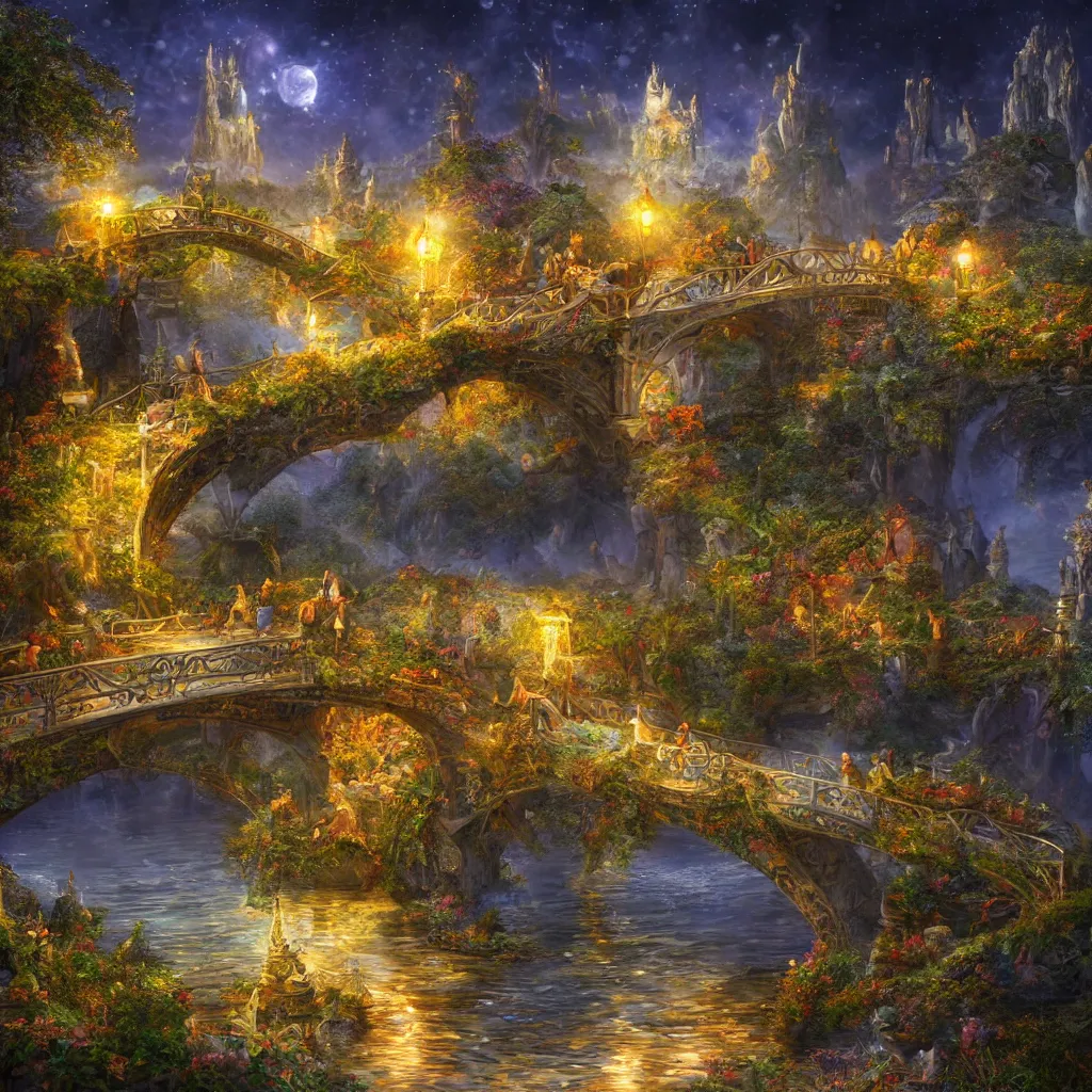 Image similar to 3 d high relief painting of fairyland bridge, outside of time and space, dreamy, romantic, night lighting, highly detailed, 8 k