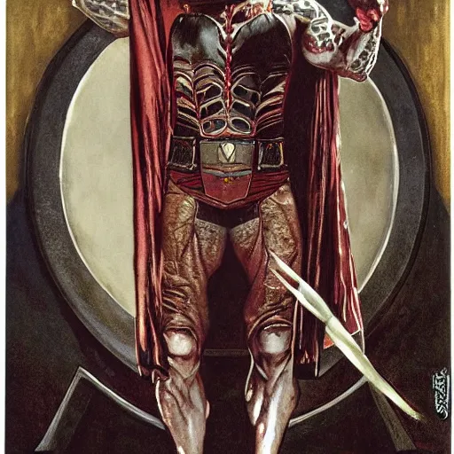 Image similar to full length portrait of dave bautista as vampire wearing a cape, by lawrence alma tadema and rick berry and norman rockwell and jason fabok and everett raymond kinstler h 7 6 8