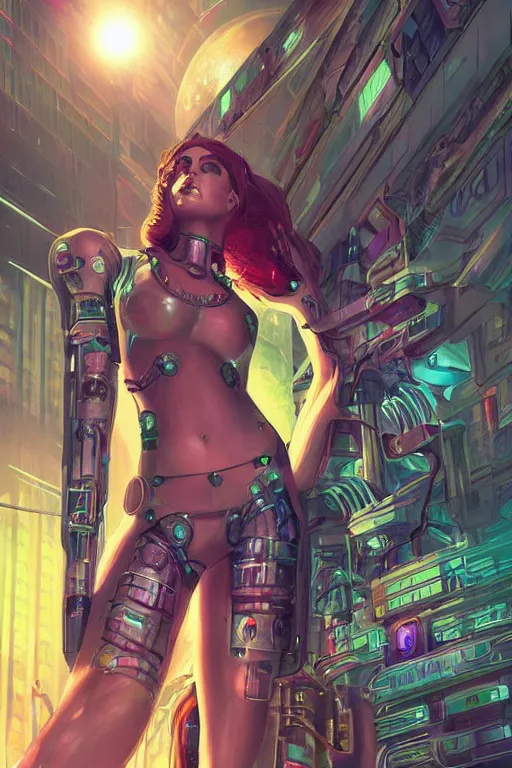 Image similar to attractive female android in feminine pose on a hyper-maximalist overdetailed retrofuturist scifi bookcover illustration from '70s. Inspired by shadowrun darkscifi utopia.. Biopunk, solarpunk style. Daytime. Made by echo chernik. Artstation.