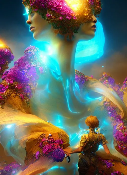 Image similar to flowers within the whole infinite capsule apparent with awe the apparition, an idea seep's into infinity highly detailed in volumetric latent space, golden turquoise steampunk, high contrast cinematic light, mystical shadows, sharp focus, divine realm of gods, octane render, artist by boris vallejo,