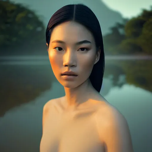 Image similar to photographic portrait of a stunningly beautiful asian renaissance female in soft dreamy light at sunset, beside the river, soft focus, contemporary fashion shoot, in a denis villeneuve and tim burton movie, by edward robert hughes, annie leibovitz and steve mccurry, david lazar, jimmy nelsson, extremely detailed, breathtaking, hyperrealistic, perfect face, octane render