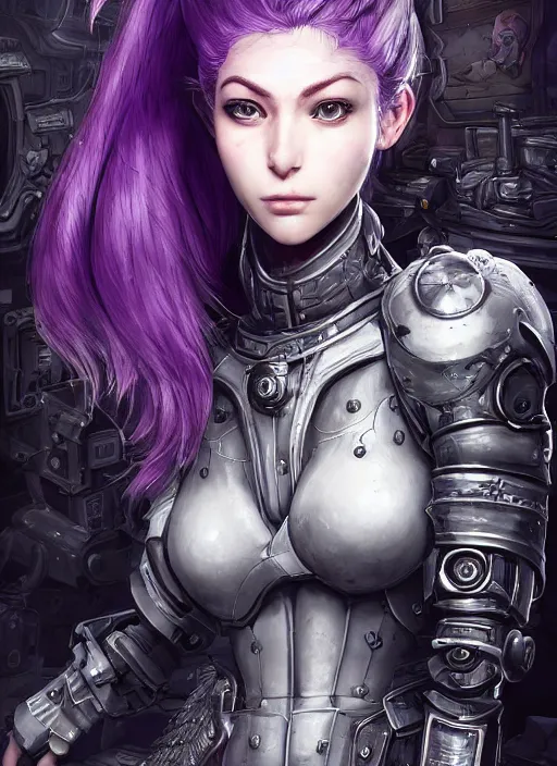 Prompt: portrait of a pale woman in power armor with purple ponytail hair, elegant, stoic, intense, ultrafine hyperdetailed illustration by kim jung gi, irakli nadar, intricate linework, sharp focus, bright colors, octopath traveler, final fantasy, hearthstone, highly rendered, global illumination, radiant light, detailed, intricate environment