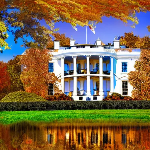 Prompt: crisp painting of a white house in an autumn forest