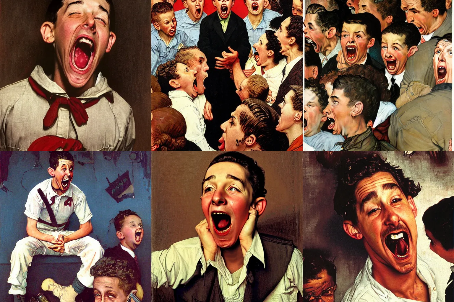 Prompt: a painting of a screaming shia labeouf by norman rockwell