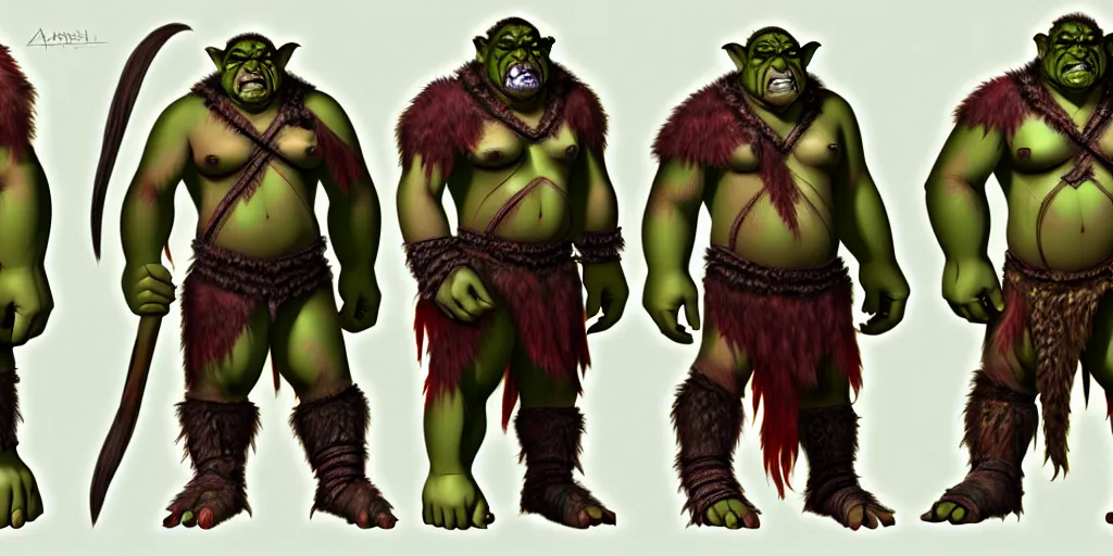 Image similar to different views of orcs, colourful intricate!! concept art by senior character artist, trending on artstation, full body character design