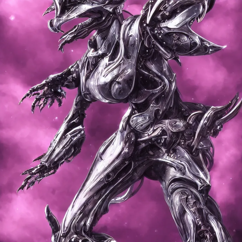 Image similar to highly detailed exquisite fanart, of a beautiful female warframe, but as an anthropomorphic elegant robot dragon, shiny white silver plated armor engraved, robot dragon head, Fuchsia skin beneath the armor, sharp claws, long tail, robot dragon hands and feet, two arms and legs, elegant pose, close-up shot, full body shot, epic cinematic shot, professional digital art, high end digital art, singular, realistic, DeviantArt, artstation, Furaffinity, 8k HD render, epic lighting, depth of field