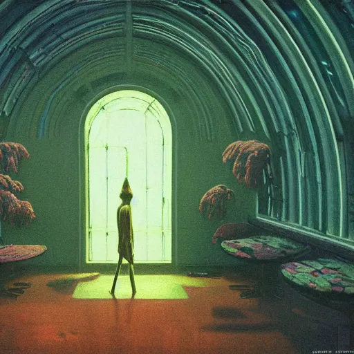 Image similar to 70s interior with arched windows, neon lighting, greenery, cyberpunk, dramatic, fantasy, by Moebius, by zdzisław beksiński, Fantasy LUT, epic composition,