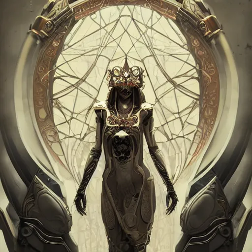 Image similar to a cyborg empress with mask, art nouveau ivory accessories, cyberpunk, darksynth, luxury, concept art by jama jurabaev, extremely detailed, ominous, ethereal, artstation, andree wallin, edvige faini, balaskas, alphonse mucha, symmetry