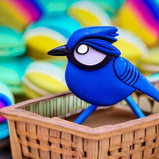 Image similar to A photograph of a (photorealistic blue jay) standing on a large basket of rainbow macarons.