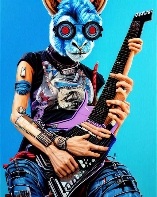 Image similar to a portrait of an anthropomorphic cyberpunk blue lhama shredding an electric guitar by sandra chevrier, by jon foster, detailed render, tape deck, epic composition, cybernetics, 4 k realistic, cryengine, realistic shaded lighting, sharp focus, masterpiece, by enki bilal