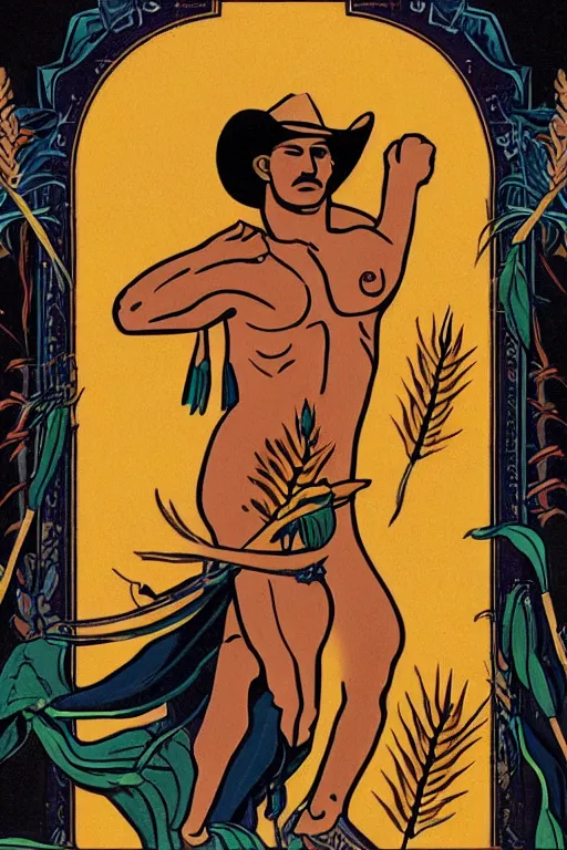 Prompt: a beautiful tarot! card of a shirtless indigenous cowboy surrounded by wheat and berries, homoerotic, art deco!, Art nouveau, majestic, trending on artstation