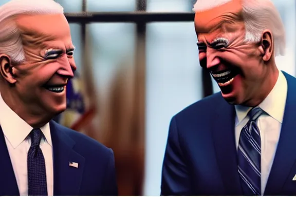 Prompt: “ very very intricate photorealistic photo of satan and joe biden laughing together, detailed natural lighting, award - winning crisp details ”