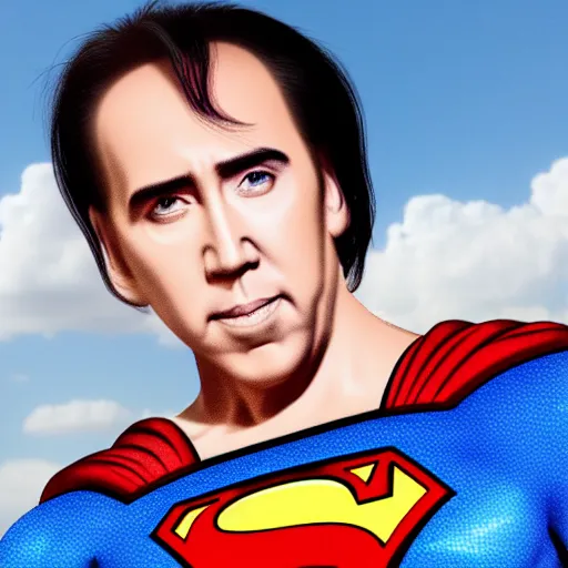 Prompt: Nicholas cage as superman with long hair, 4k