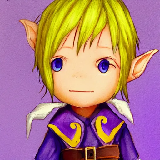 Image similar to little elf boy, purple tunic, blonde hair. light color palate, detailed soft painting, made in abyss art style, anatomically correct