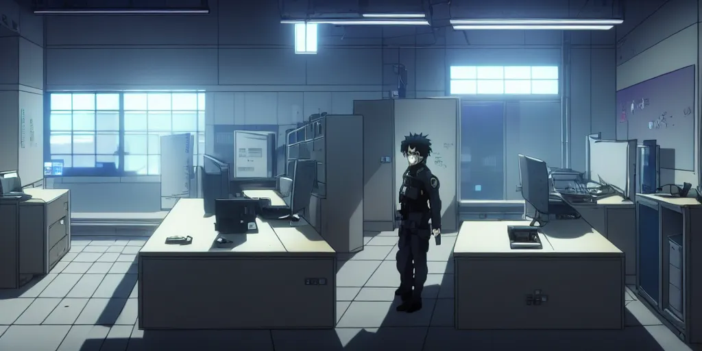 Image similar to an empty after hours cyberpunk police office office in the cyberpunk anime film, Shichiro Kobayashi, screenshot in the anime series ergo proxy ergo proxy ergo proxy and Detroit metal city, interior