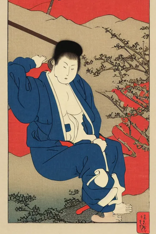 Image similar to Ukiyo-e art of gopnik squatting under birch