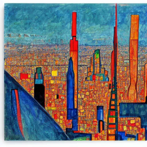 Prompt: futurist san francisco skyline in the style of egon schiele