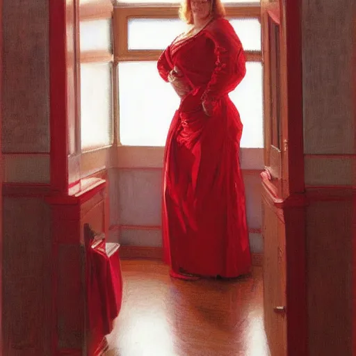 Image similar to woman wearing red, in a ( white room ), by donato giancola.