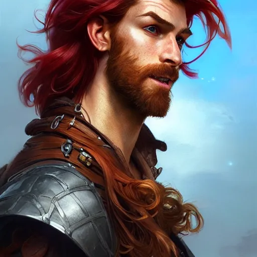 Image similar to portrait of a young ruggedly handsome but joyful pirate, male, masculine, upper body, red hair, long hair, d & d, fantasy, intricate, elegant, highly detailed, digital painting, artstation, concept art, matte, sharp focus, illustration, art by artgerm and greg rutkowski and alphonse mucha