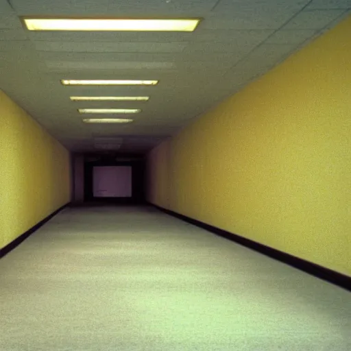 Prompt: 1 9 9 0 s vhs tape still, interior of an empty office building, long corridor with empty rooms, old faded yellow wallpaper, carpet, fluorescent light, suspended ceiling, creepy