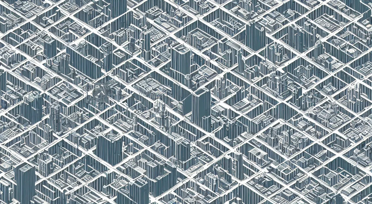 Image similar to isometric drawing of a fictional dense city, in style of charles williams, rem koolhaas, peter eisenman, pastel color palette