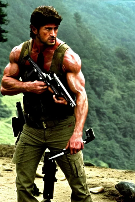 Prompt: still from the movie rambo of chris redfield, directed by steven spielberg