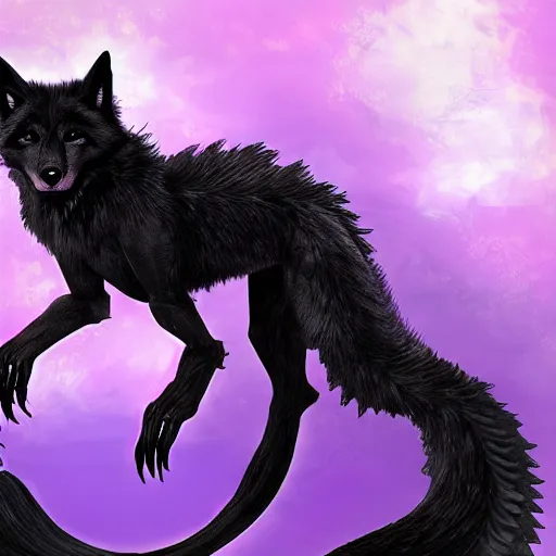 Image similar to feral chimera of a black fox and black dragon, with purple eyes, fantasy forest background, digital art