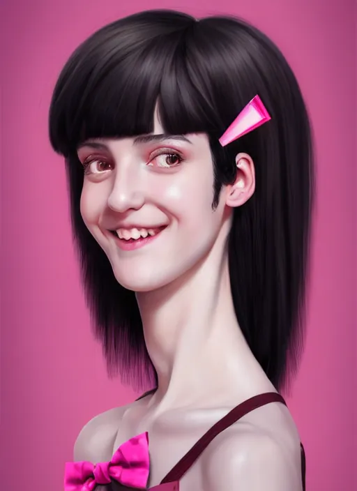 Image similar to portrait of high school girl, realistic, black hair, bangs, half updo hairstyle, pointy nose, skinny, smile, ugly, defined jawline, big chin, pink hair bow, earrings, intricate, elegant, glowing lights, highly detailed, digital painting, artstation, sharp focus, illustration, art by wlop, mars ravelo and greg rutkowski