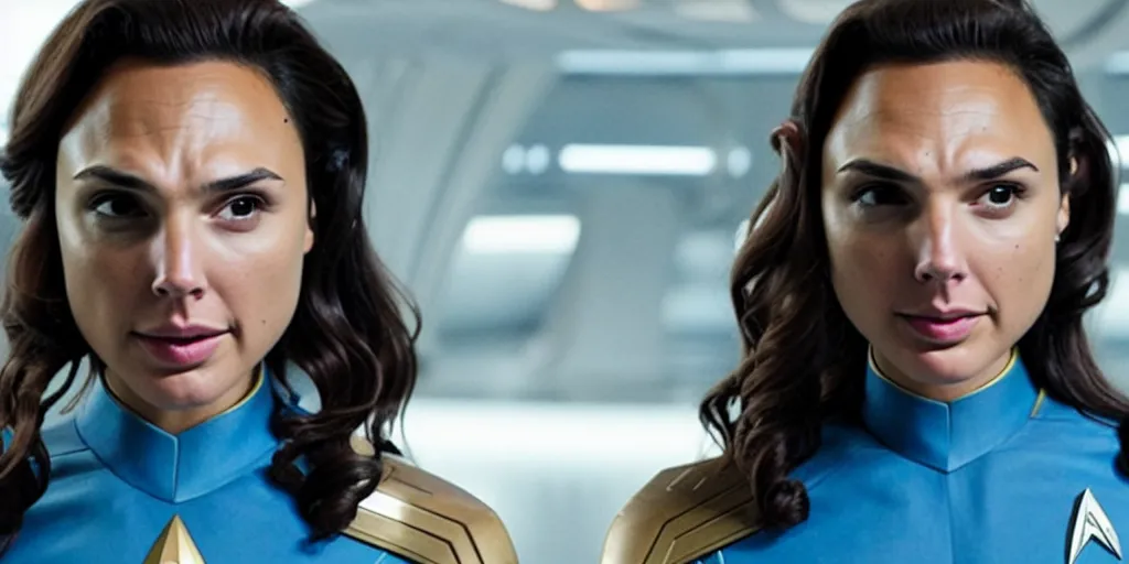 Image similar to gal gadot, in full starfleet uniform, is the captain of the starship enterprise in the new star trek movie