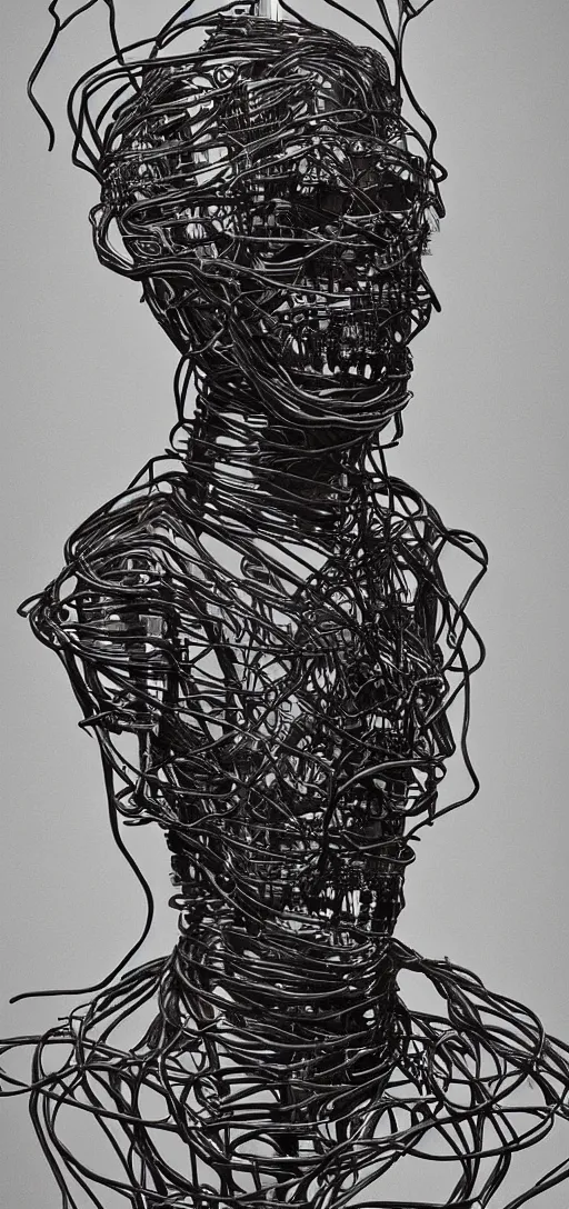 Image similar to human made out of wires and machinery, tall, body horror, creepy, disturbing, dark,