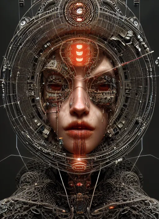 Image similar to timeless cybernetic deity with circuitry skin and networked mind tripping on acid, intricate detail, royo, whealan, giger, klimt, hd, octane render, unreal engine,