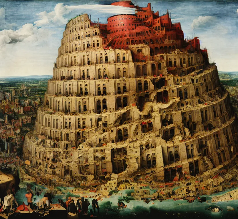 Image similar to the tower of babel after it collapses into rubble, hit by an explosion, by pieter breugel the elder