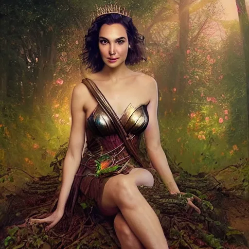 Image similar to Portrait of the beautiful woman Gal Gadot as a forest nymph, she is posing, she has a crown of flowers, she is sitting on an ancient forest, there is fog and lots of extravagant leafs, she is getting ulluminated by the rays of the sunset, the photo was taking by Annie Leibovitz, matte painting, oil painting, naturalism, 4k, 8k