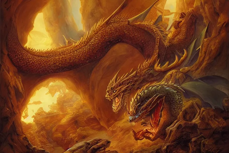 Prompt: dragon sleeping on gold and gems in a big cavern, by Justin Gerard, masterpiece, stunning