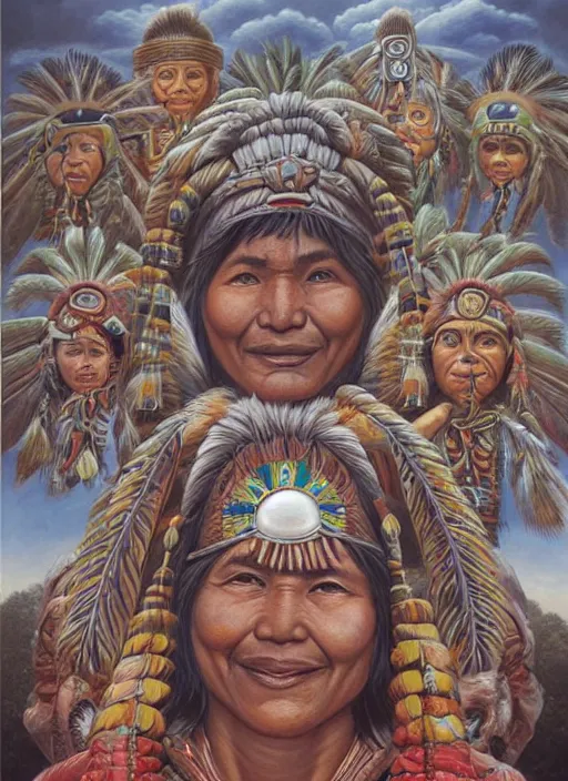Prompt: faces of indigenous amazonian grandfathers and grandmothers spirits in the clouds, smiling, protection, benevolence, ancestors, detailed faces, symetrical, religious painting, art by christophe vacher and alex gray