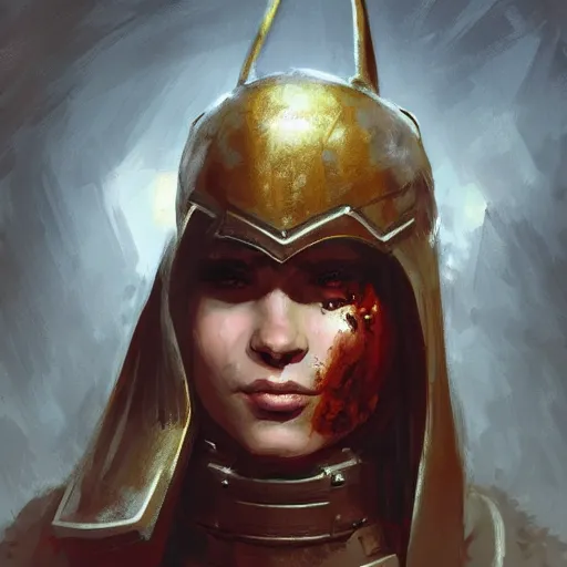 Image similar to doomguy as an attractive young smiling woman dressed as a knight, face portrait, hd shot, digital portrait, beautiful, fantasy art, artstation, comic style, by artgerm, guy denning, jakub rozalski, magali villeneuve and charlie bowater