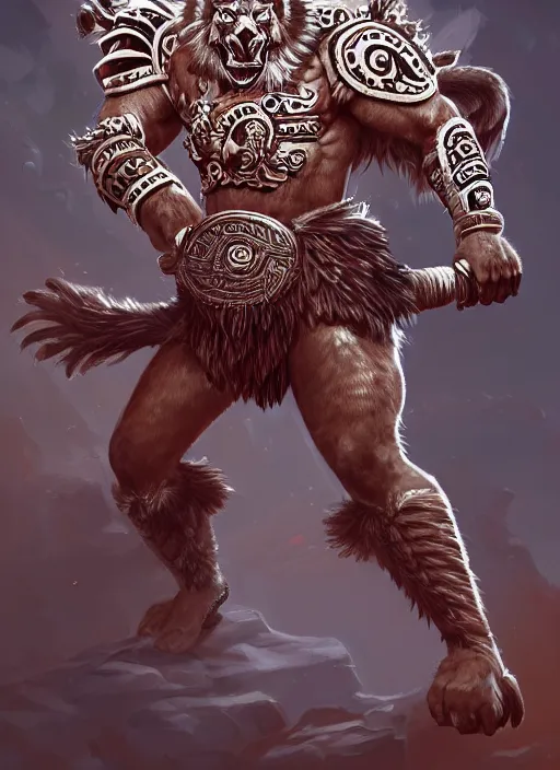 Image similar to a highly detailed illustration of fierce aztec jaguar warrior wearing white jaguar mane, heroic roaring wielding aztec sword pose, intricate, elegant, highly detailed, centered, digital painting, artstation, concept art, smooth, sharp focus, league of legends concept art, wlop