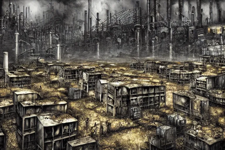 Prompt: gothic river favela honeybee hive, brutalist environment, industrial factory, apocalyptic, somber, award winning art, epic dreamlike fantasy landscape, ultra realistic,