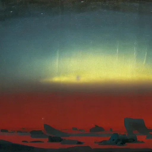 Prompt: the epic abstract painting'blue arctic void with black and red aurora borealis above a large herd of tiny walruses ', by caspar david friedrich!!!, by rothko!!!, stunning masterpiece, trending on artstation