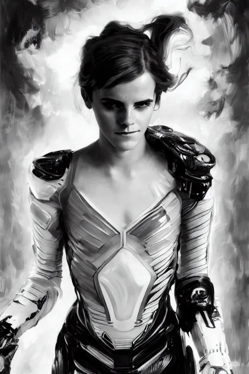 Image similar to emma watson portrait futuristic fractal fightsuit gaston bussiere craig mullins j. c. leyendecker short wet hair richard avedon peter lindbergh monochrome studio lighting