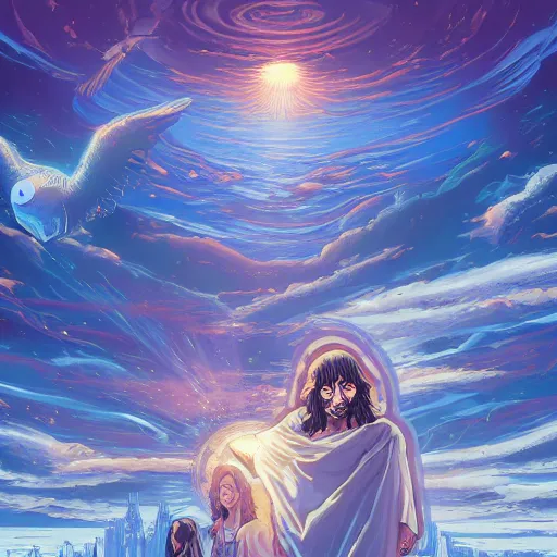 Prompt: the first coming of jesus by dan mumford, yusuke murata, makoto shinkai, ross tran, cosmic, heavenly, god rays, intricate detail, cinematic, 8 k, cel shaded, unreal engine, featured on artstation, pixiv