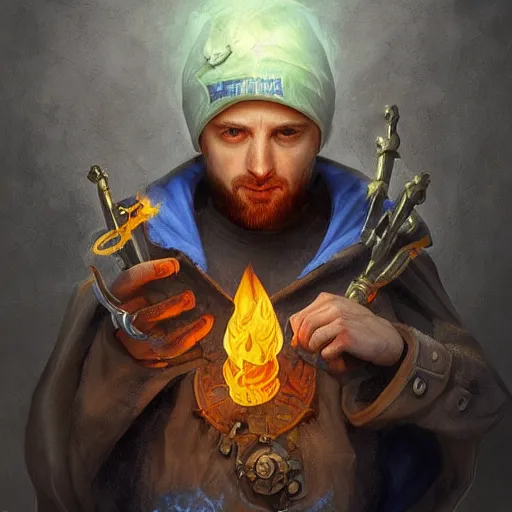 Image similar to Jesse Pinkman as a Junior Alchemist of the Blue Flame, Fantasy Illustration by Tony Sart, Trending on artstation