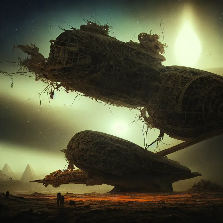 Image similar to surreal painting of crashed egyptian spaceship overgrown by jungle, soft grainy bloom lucid dream - like atmosphere, harsh flash photo at night, baroque painting, perfect composition, detailed octane render trending on artstation, 8 k artistic photography, volumetric cinematic perfect light, chiaroscuro, masterpiece, raphael, caravaggio, beksinski, rutkowski, beeple