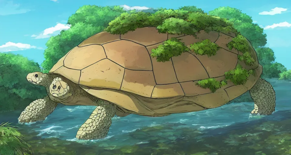 Image similar to a giant turtle with an island on its back by Studio Ghibli,trending on artstation