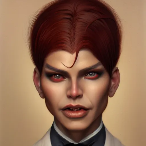 Prompt: portrait of a beautiful nonbinary model with tan skin and messy short red hair wearing a men's suit, pointed ears and copper eyes, cat-like, by Gerald Brom and Ross Tran, hyper-realistic, soft lighting, 4K, trending on artstation