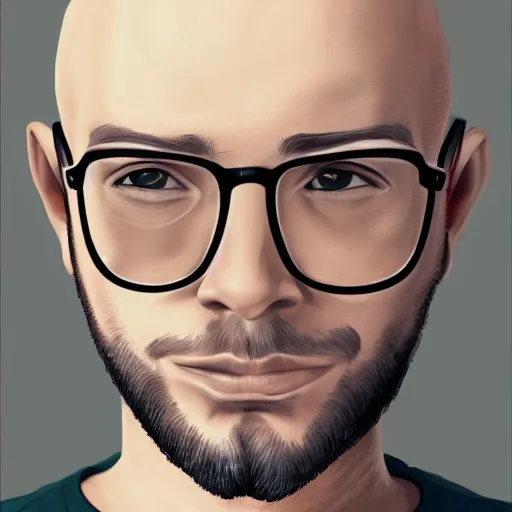 Prompt: portrait of a young, bald, bearded, and tattoed man wearing glasses, digital painting, highly detailed, hd, 4k, trending on artstation